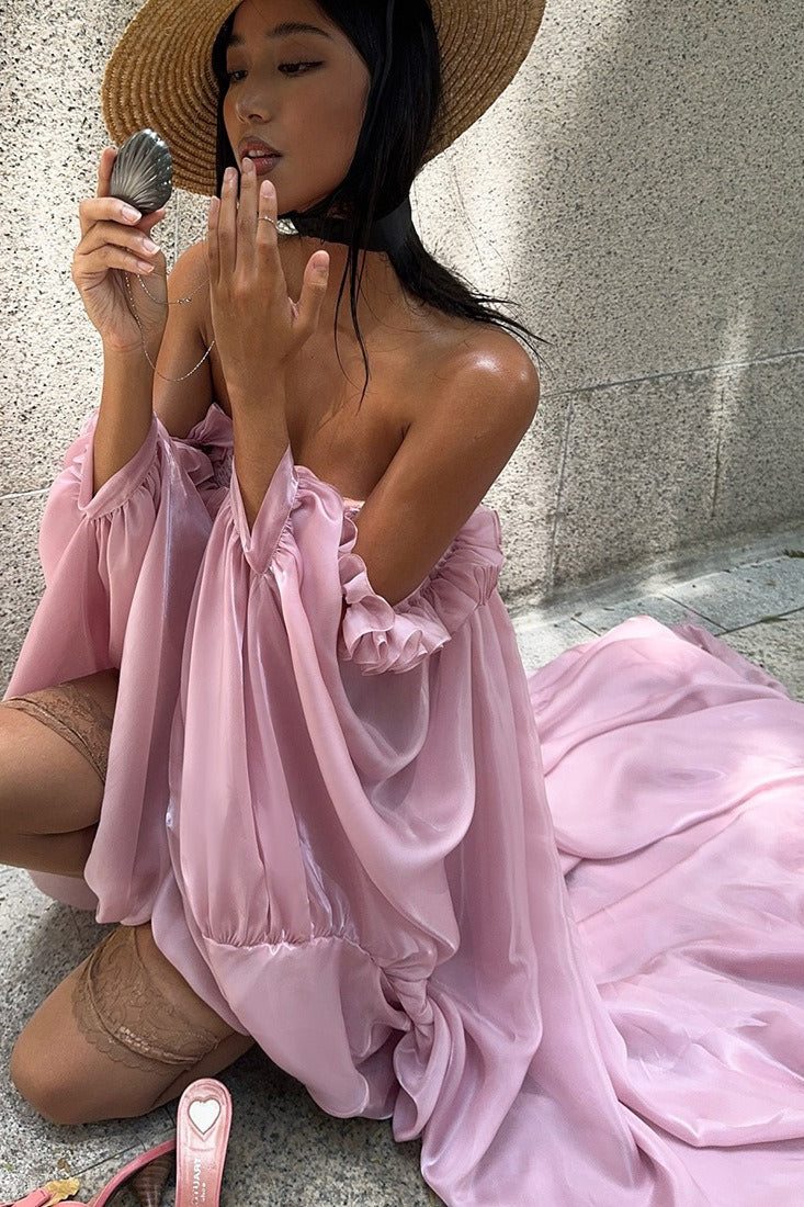 Off Shoulder Ruffle Bubble Hem High Low Organza Train Maxi Dress