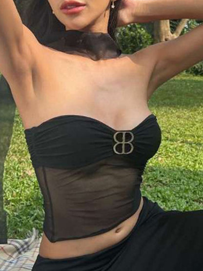 Low Cut Metal Decor Mesh Bandeau Top