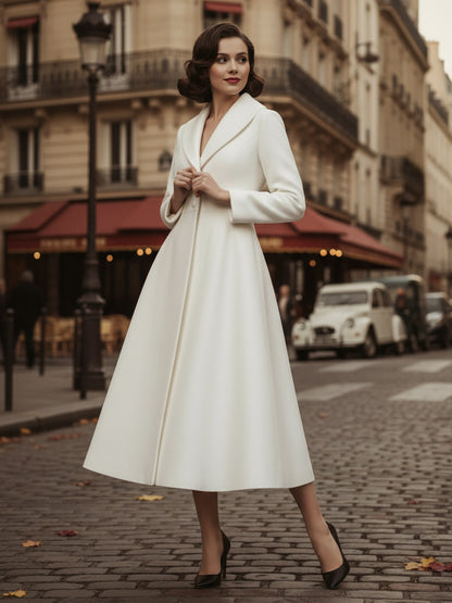 Vintage Unique Lapel A-line Woolen Flared Coat In White For Women 2026