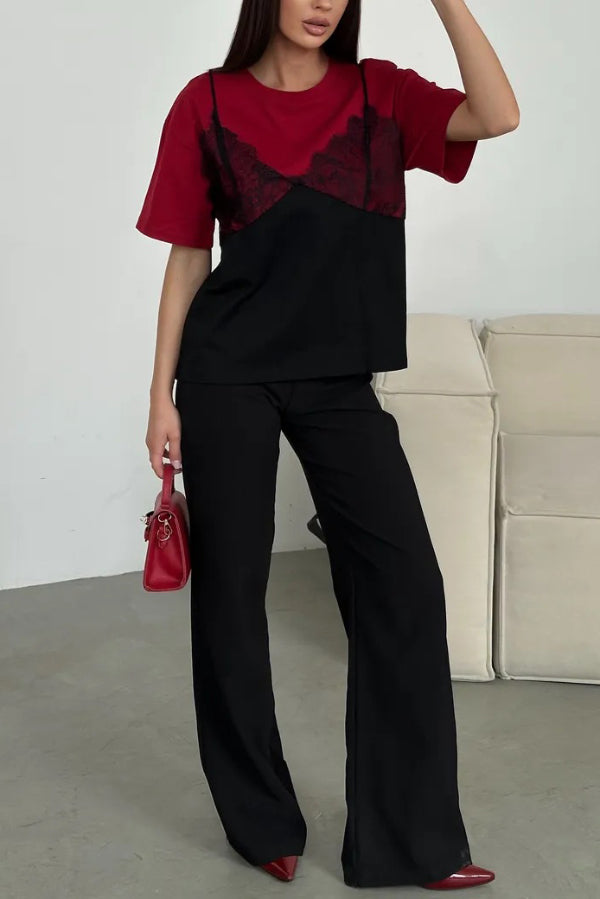 Fashionable Lace Patchwork Loose-fitting Round Neck Short-sleeved T-shirt
