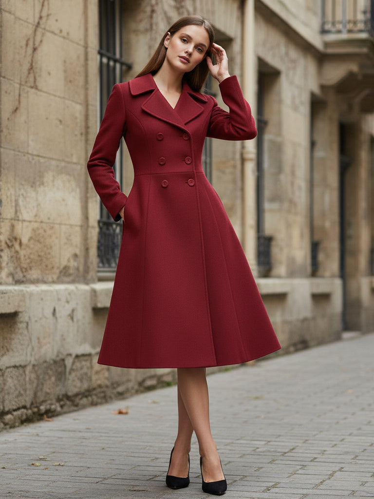 Double-Breasted Wool Blend Midi Coat With Flared A-Line Silhouette For Women 2026