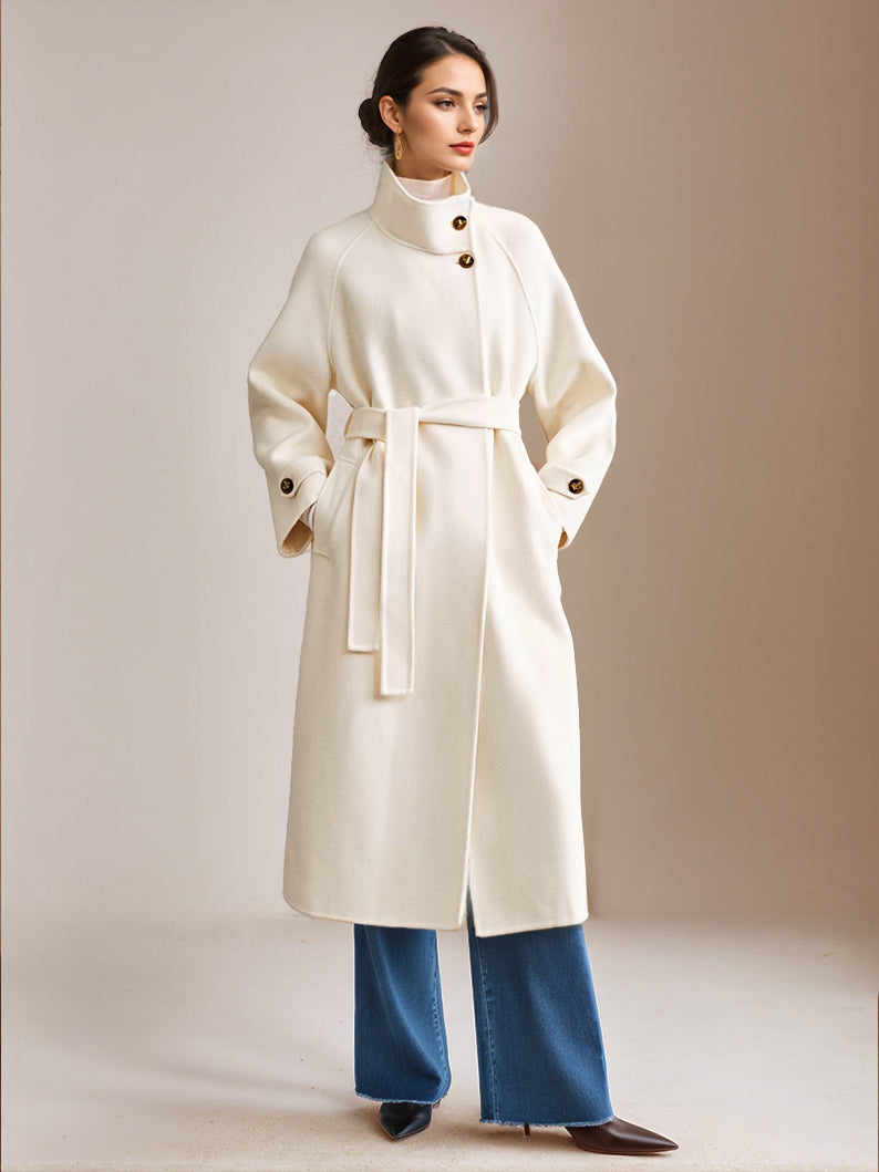 White Wool Cashmere Blend Coat Stand Collar Double-Faced Belted Winter Outerwear For Women 2026