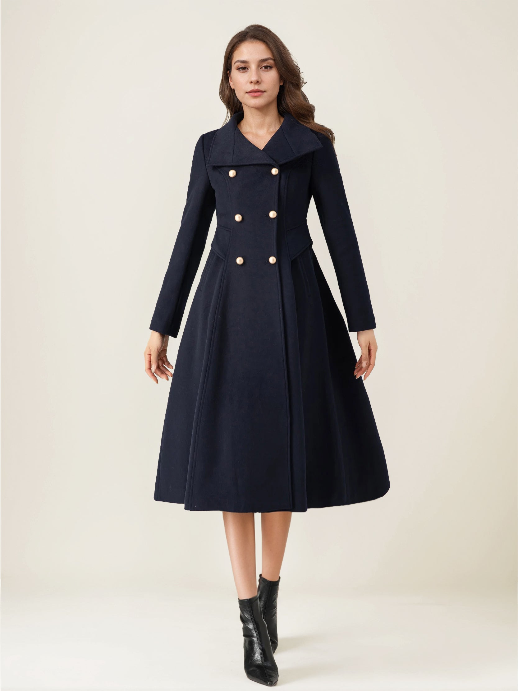 Woolen Flared Coat For Woman Stand Collar Dark Navy Vintage Double-breasted Winter Midi Outerwear 2026