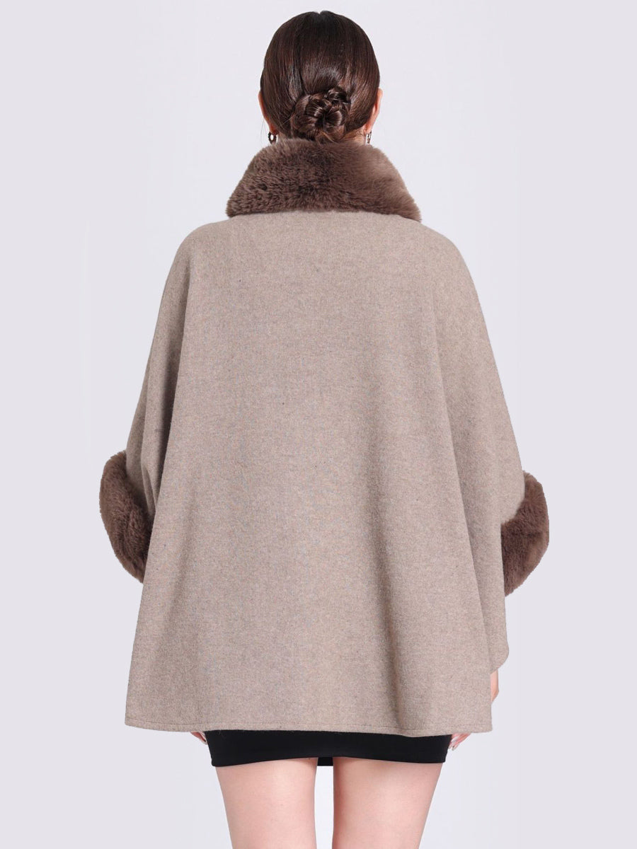 Women Poncho High Collar Light Gray Oversized Faux Fur Cape