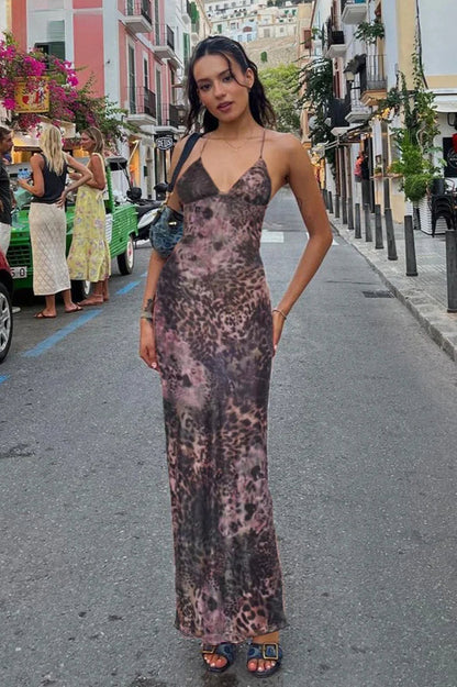 Butterfly Lace Applique Crisscross Back Abstract Print Bodycon Midi Dress