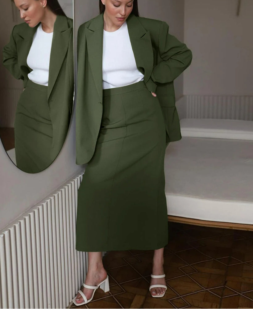 Green Long Sleeve Blazer Skirt Office Two Piece Set