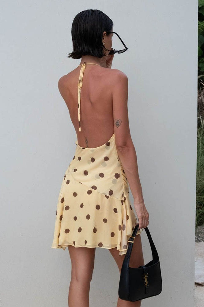Polka Dot Chiffon Halter Neck Deep V-Neck Ruched Asymmetrical Hem Mini Dress