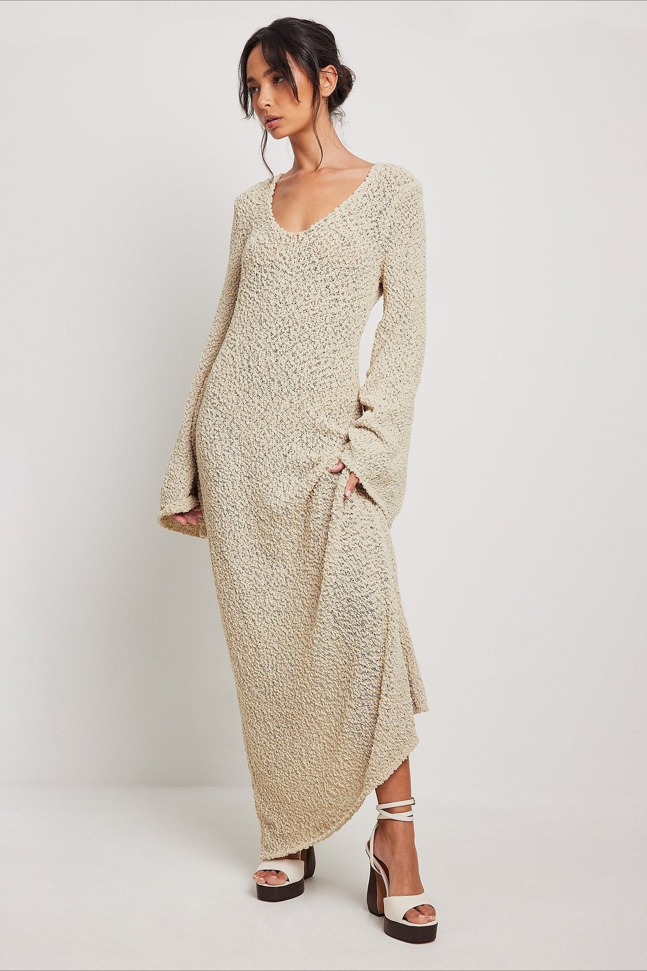 Boucle Knit Scoop Neck Bell Sleeve Bodycon Maxi Sweater Dress
