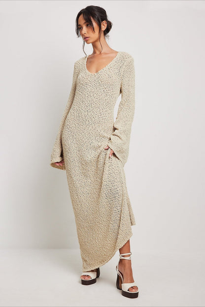 Boucle Knit Scoop Neck Bell Sleeve Bodycon Maxi Sweater Dress