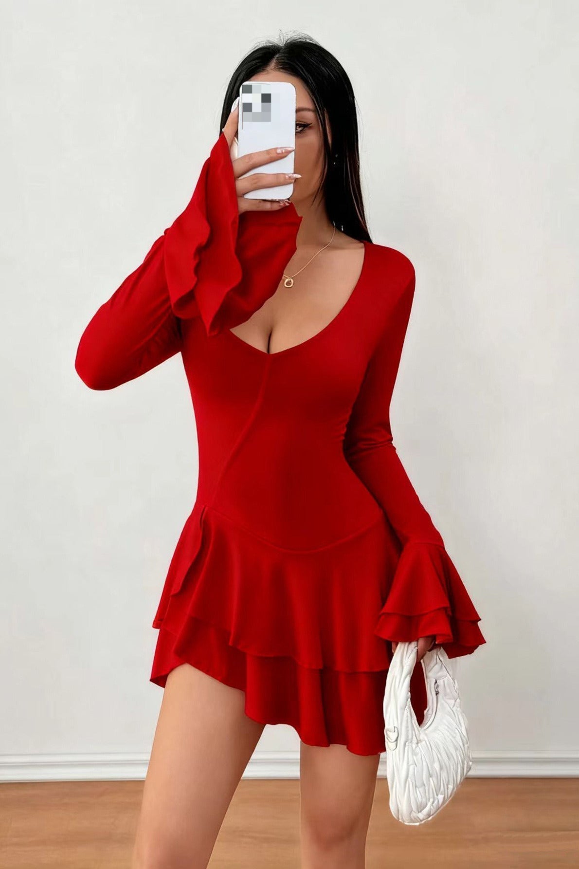 Scoop Neck Tiered Ruffle Cuff Draped Wrap Ruffle Hem Bodycon Mini Dress