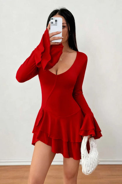Scoop Neck Tiered Ruffle Cuff Draped Wrap Ruffle Hem Bodycon Mini Dress