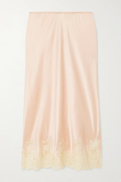 Celebration Look Contrast Color Satin Lace Trim Elastic Waist Drape Midi Skirt
