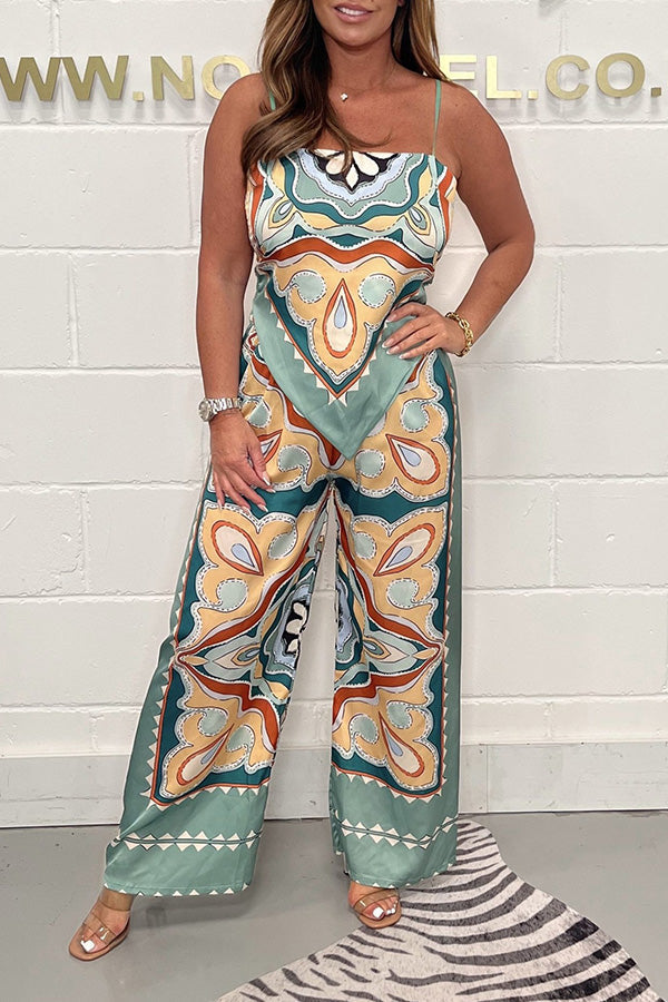 Fashion print suspenders open back tie top + straight pants set