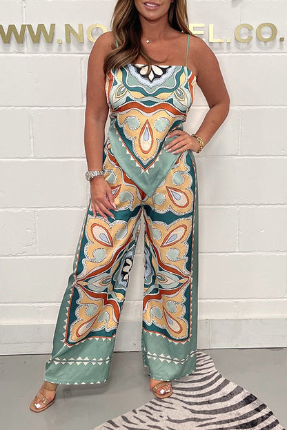Fashion print suspenders open back tie top + straight pants set