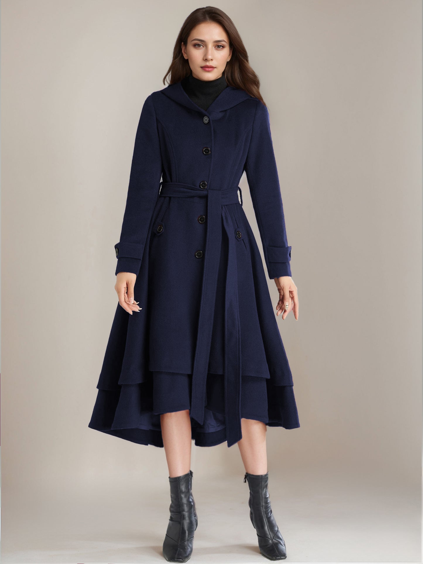 Woolen Flared Coat For Woman Hooded Belted A-line Vintage Winter Midi Outerwear 2026