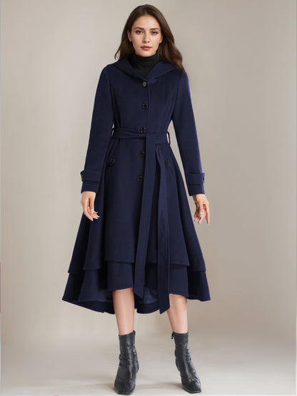 Woolen Flared Coat For Woman Hooded Belted A-line Vintage Winter Midi Outerwear 2026
