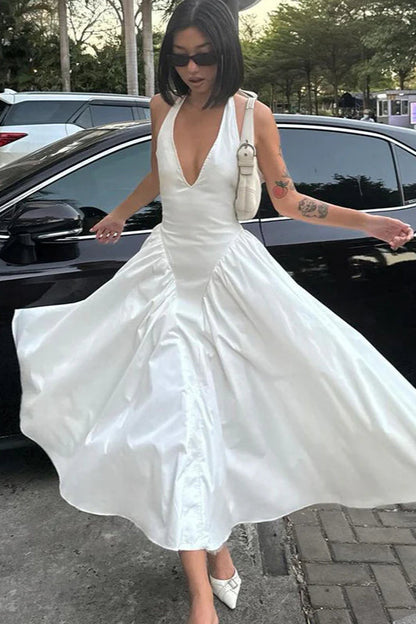 Silky Hollow V-Neck Flowy Pendulum Maxi Dress