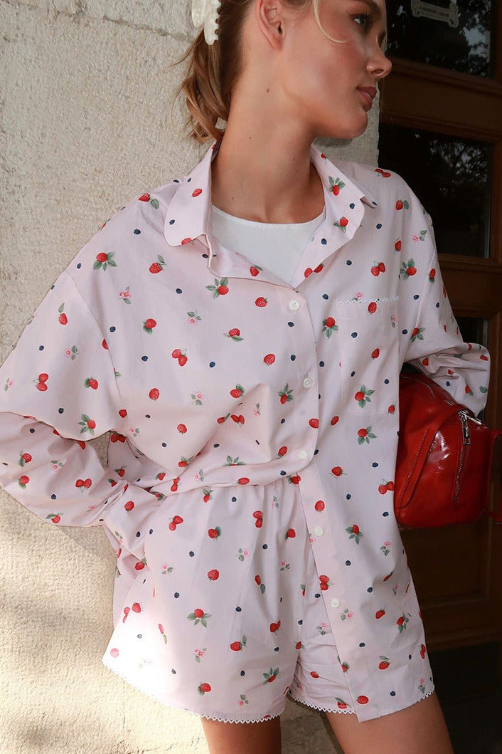 Pink Shirt Lace Trim Shorts Two Piece Set