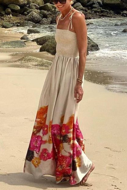 Hidden Garden Satin Floral Print Smocked Tie-up Shoulder Maxi Dress