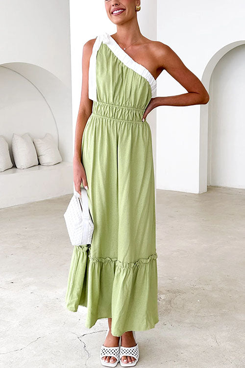Meridress Tie Bow One Shoulder Waisted Ruffle Maxi Dress