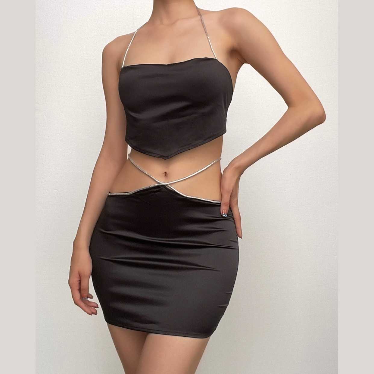 Halter self tie backless zip-up solid cowl neck mini skirt set