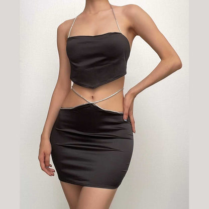 Halter self tie backless zip-up solid cowl neck mini skirt set