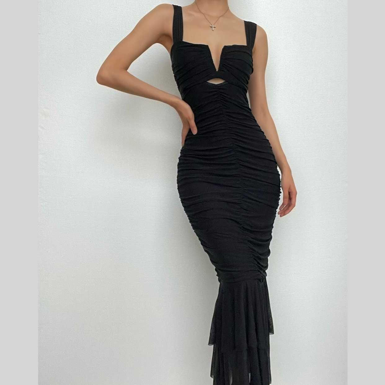 Solid ruched notch neck mesh zip-up ruffle maxi dress