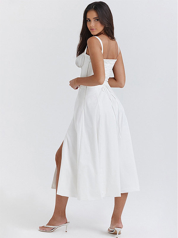 Soft Pink Summer Dress Sleeveless Straps Neck Cottagecore Lace Up Midi Dress For Women