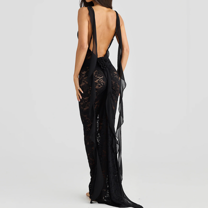 U neck flower applique lace backless cami maxi dress