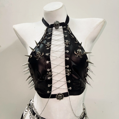 Metal chain zip-up skull applique hollow out mini skirt set