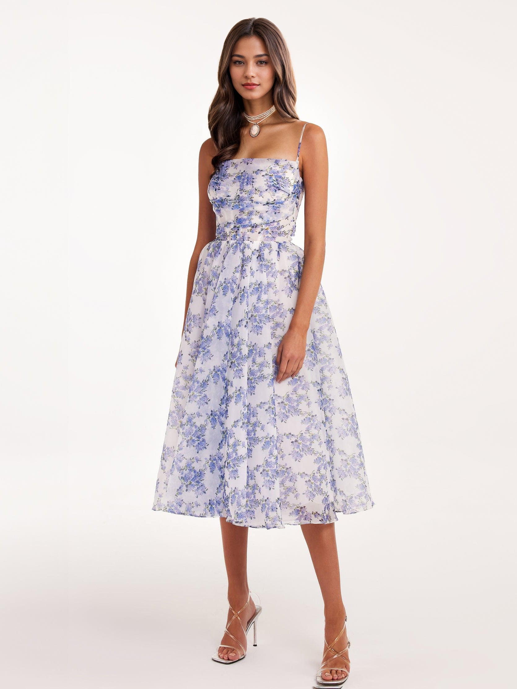 Floral Dress Spaghetti Strap Backless Lace Up Birthday Party Midi Dresses