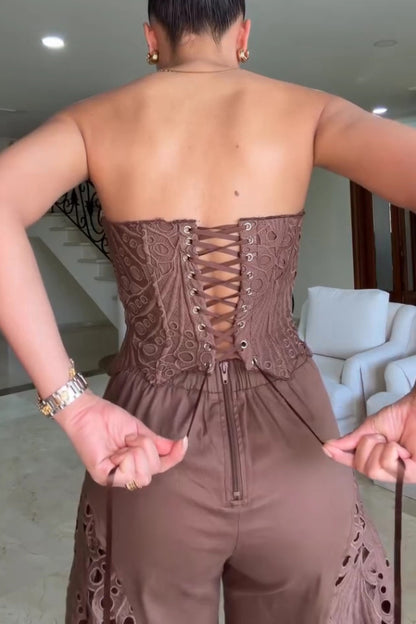 Lily Embroidered Cutout Lace Back Lace-up Tank and High Rise Wide Leg Pants Set