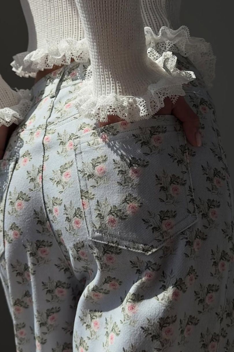 High Waist Printed Light Blue Jean