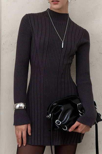 Rib-Knit Mock Neck Long Sleeve A-Line Mini Sweater Dress