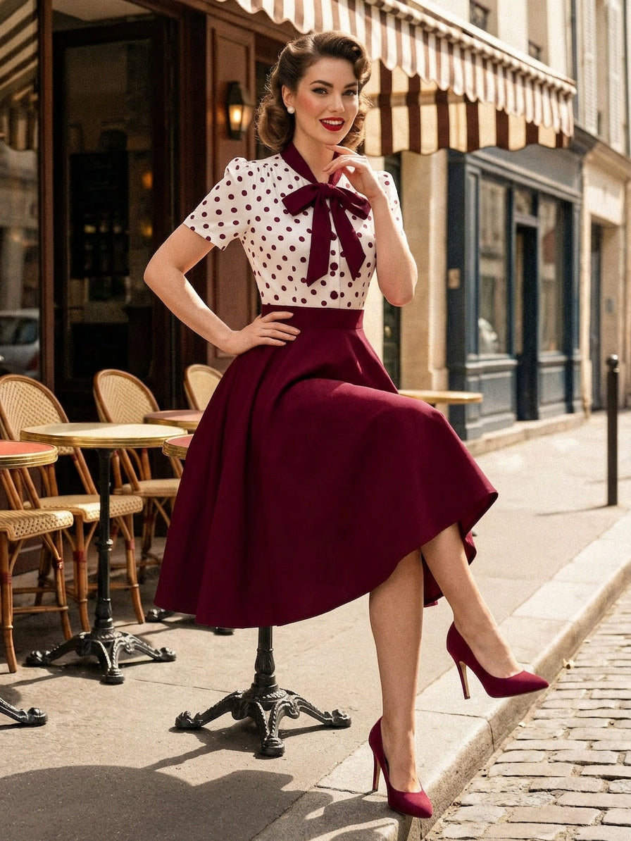 Polka Dot Patchwork Bow Tie Neck Short Sleeve Retro Swing Dress For Women 2026