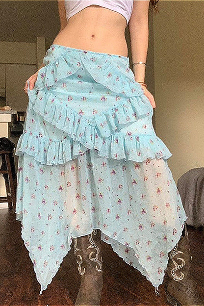 Floral Mesh Low-Waist Asymmetrical Skirt