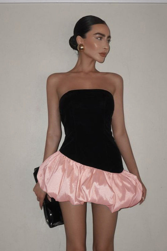 Velvet Paneled Strapless Bubble Hem Mini Dress
