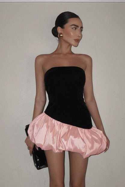 Velvet Paneled Strapless Bubble Hem Mini Dress