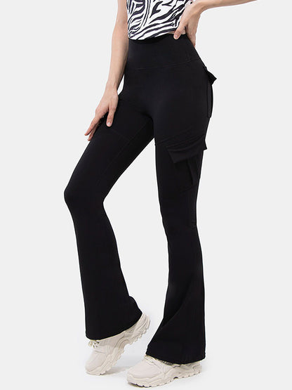 Solid Multi Pocket High Rise Flare Leg Pants