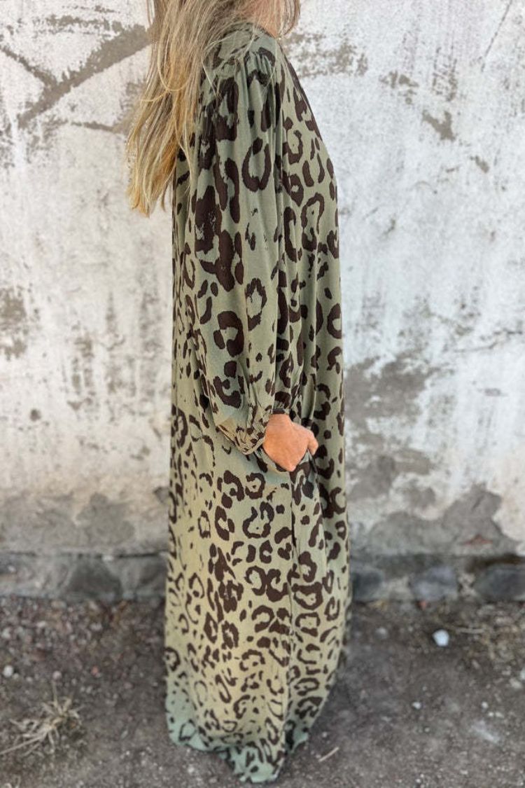 Leopard Print V-neck Pullover Long-sleeved Loose Dress