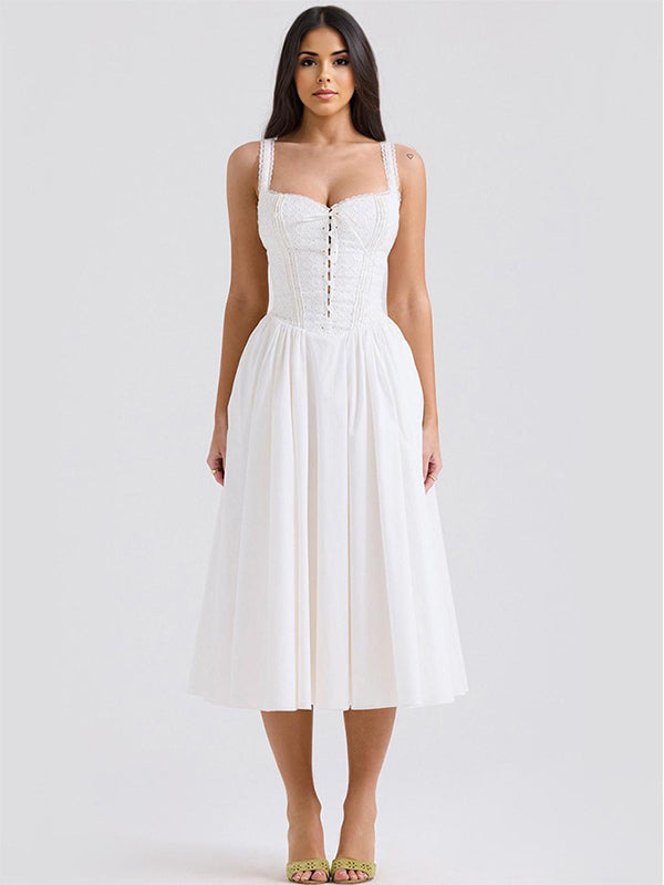 White Corset Dress Cutout Wide Strap Lace Trim Backless Cottagecore Midi Dresses
