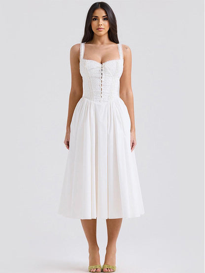 White Corset Dress Cutout Wide Strap Lace Trim Backless Cottagecore Midi Dresses
