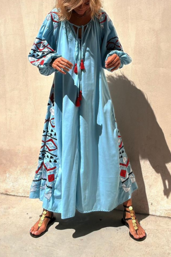 Blue V-neck Tie Ethnic Style Retro Print Long Skirt