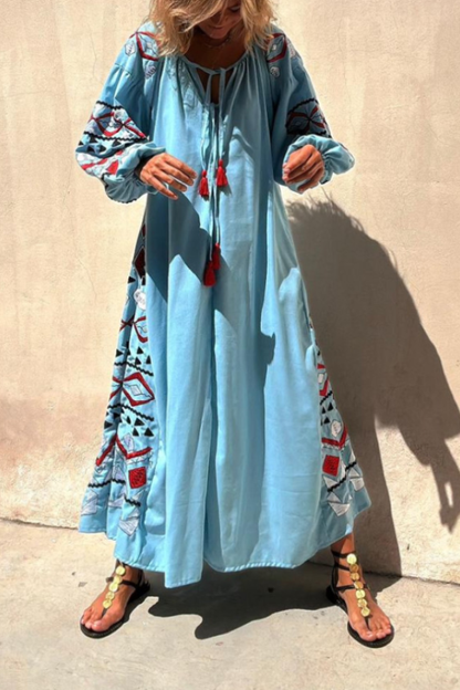 Blue V-neck Tie Ethnic Style Retro Print Long Skirt