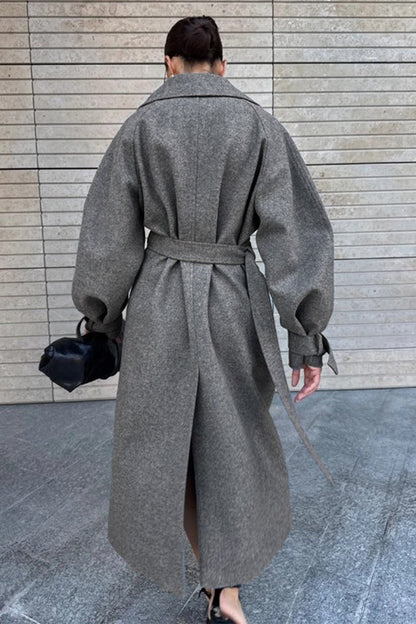 Extra-Long Wool Tie-Waist Loose Overcoat