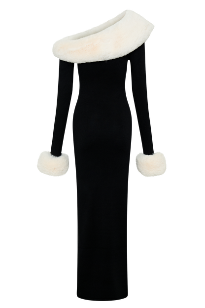 Dawn Faux Fur One Shoulder Slit Maxi Dress