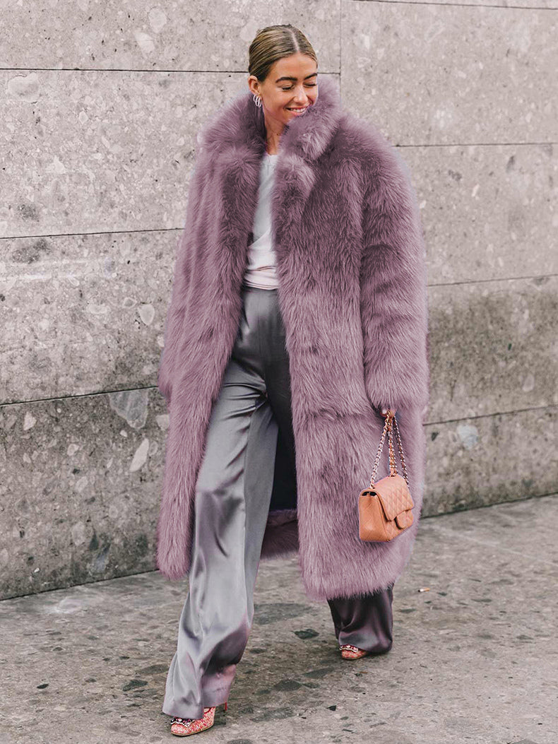 Faux Fur Coat With Notched Lapel Solid Color Eco-friendly Winter Long Jacket For Women 2026