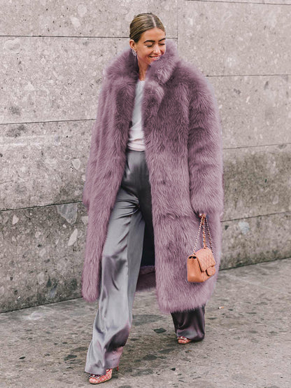Faux Fur Coat With Notched Lapel Solid Color Eco-friendly Winter Long Jacket For Women 2026