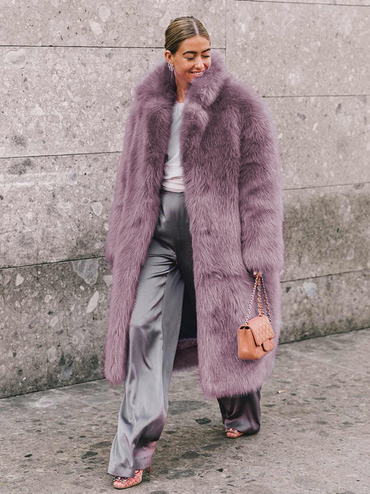 Faux Fur Coat With Notched Lapel Solid Color Eco-friendly Winter Long Jacket For Women 2026