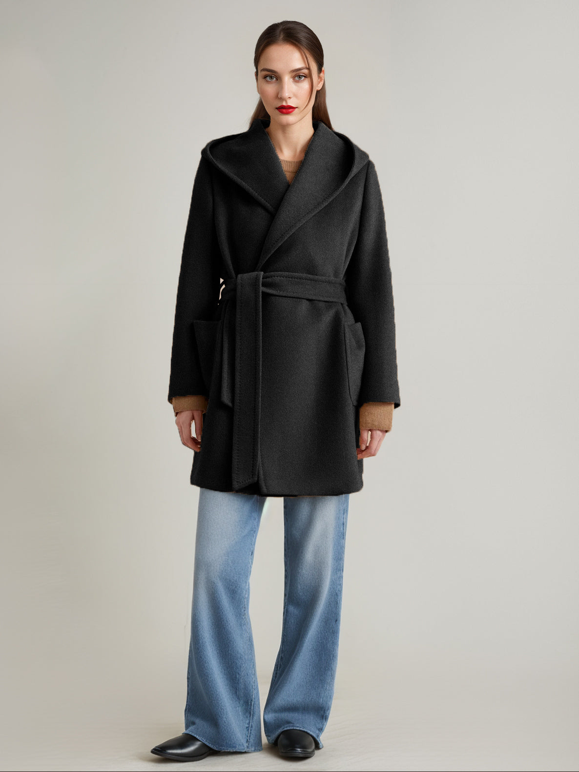 Wool Cashmere Blend Coat With Hood Camel Belted Double-Faced Short Wrap Coat For Women 2026